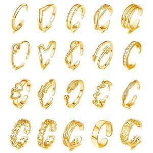 Yellow Gold Adjustable Boho Open Toe Rings - Set of 20